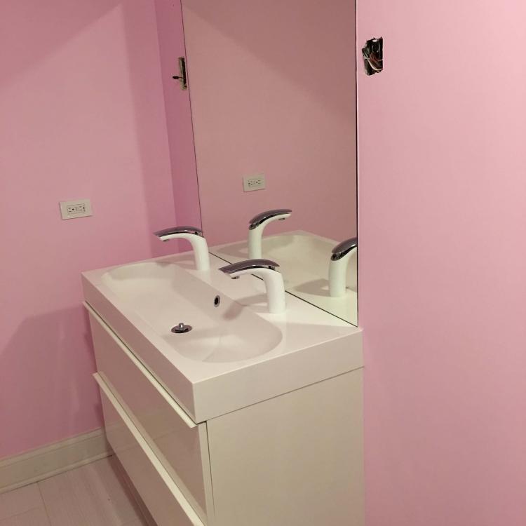 Completed bathroom renovation with a modern double sink vanity and pink walls.