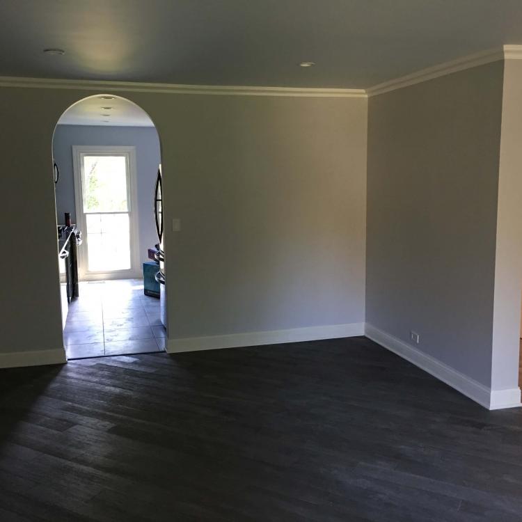 Renovated living room featuring painted walls, wood laminate flooring, and an arched doorway