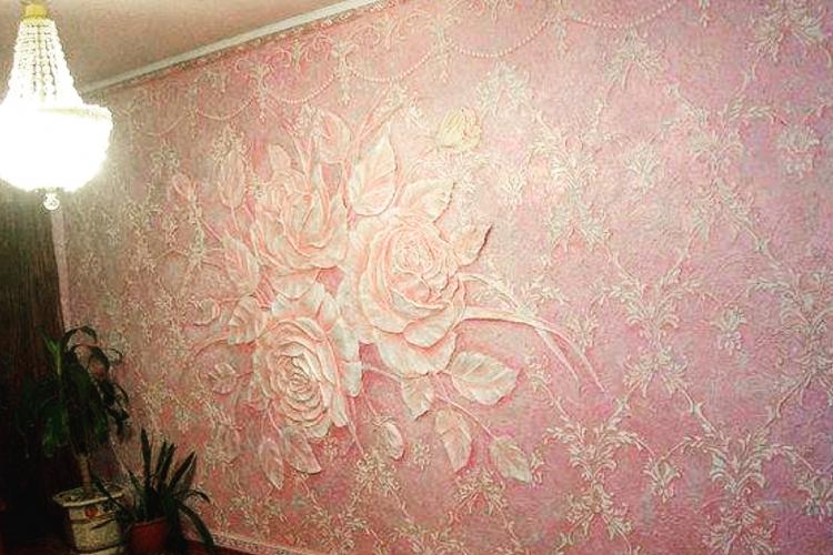 A 3D wall mural featuring a large bouquet of white roses on a pink background.