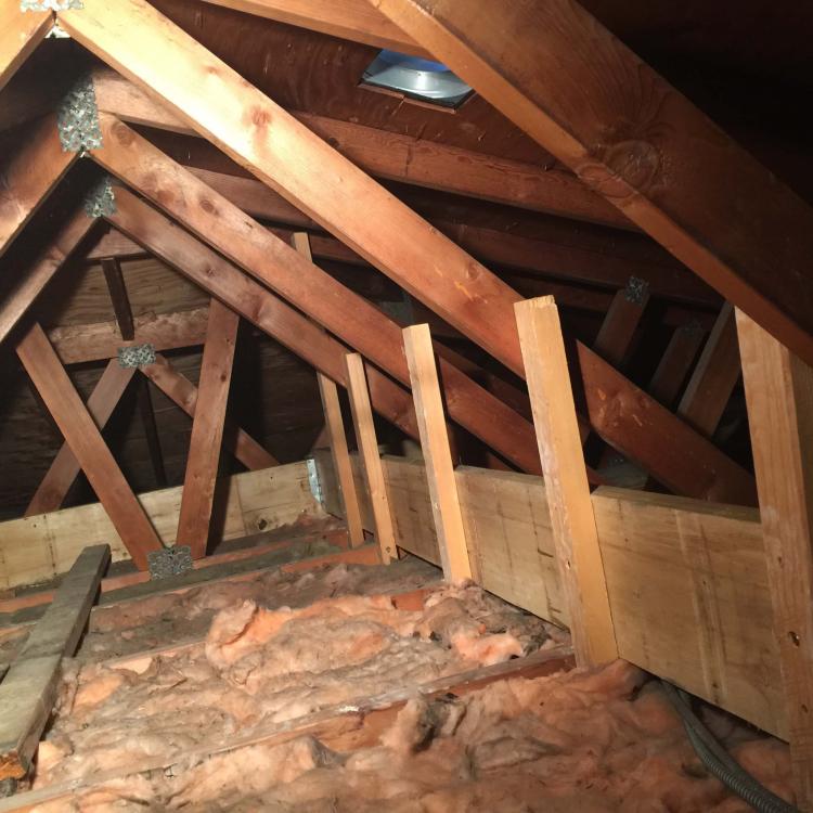 Attic renovation with exposed rafters and insulation