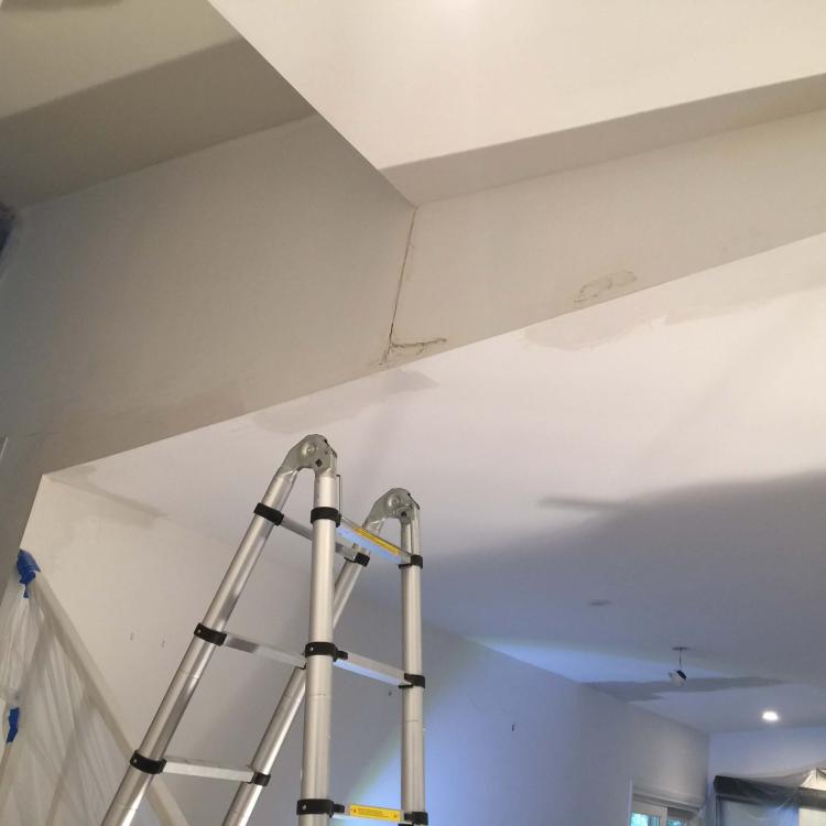 Interior painting preparation: damaged ceiling with ladder.