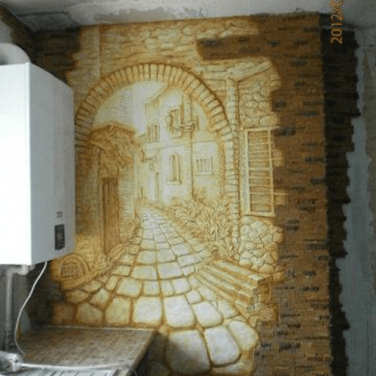 A 3D wall mural depicting an Italian street scene with cobblestone roads, doorways, and buildings.