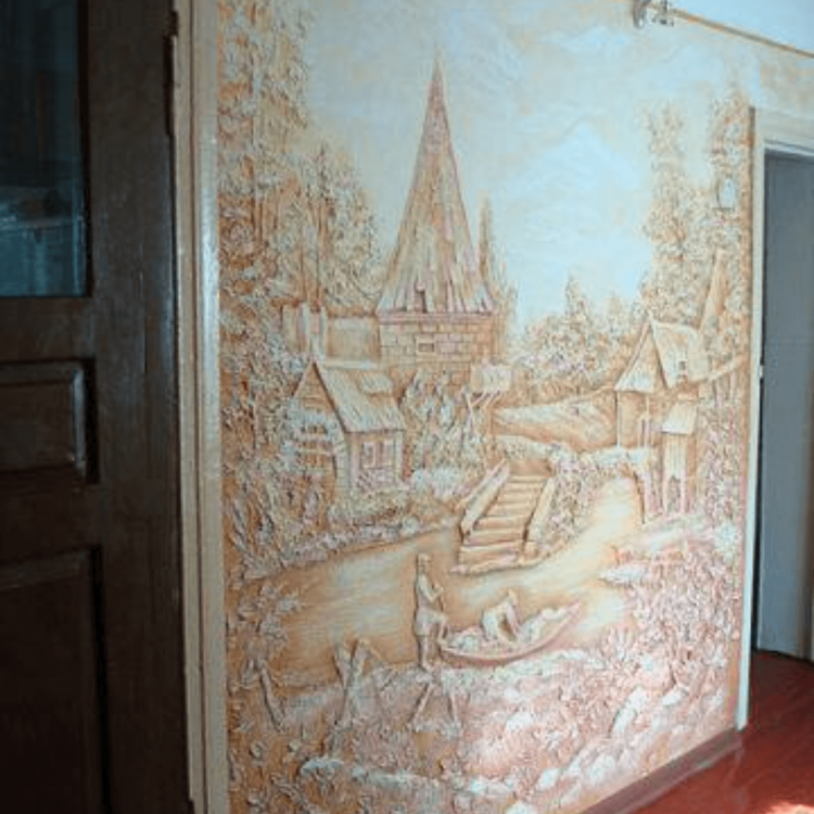 A 3D wall mural depicting a peaceful countryside scene with a village, a river, and a church