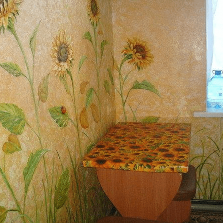 A kitchen wallpaper featuring sunflowers and a rabbit