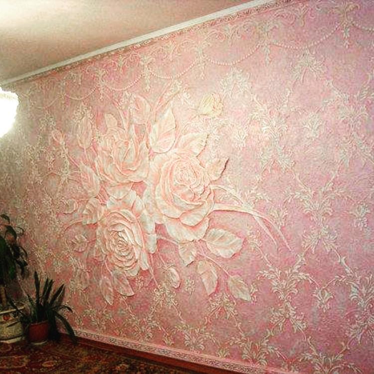 A 3D wall mural featuring a large bouquet of white roses on a pink background.